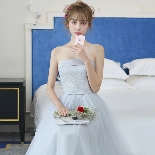 Chic / Beautiful Grey Bridesmaid Dresses 2018 A-Line / Princess Bow Sleeveless Backless Floor-Length / Long Wedding Party Dresses