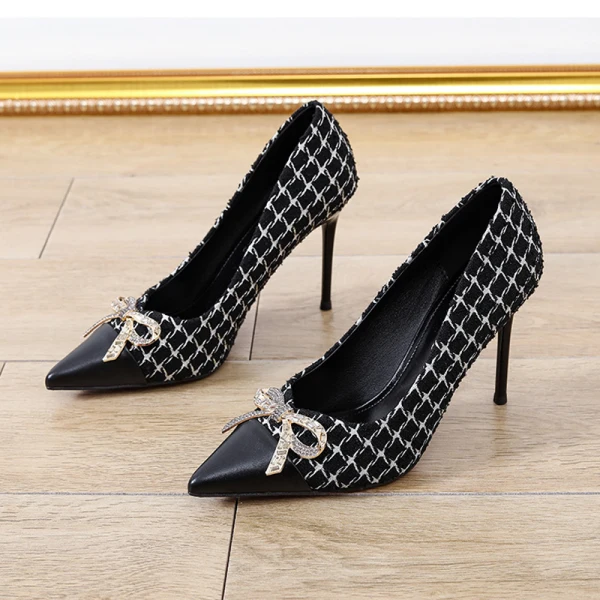 Charmant Noire Soirée Faux Diamant Noeud Escarpins 2021 9 cm Talons Aiguilles À Bout Pointu Escarpins Talons Hauts