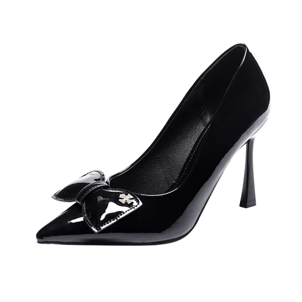 Chic / Beautiful Black Prom Patent Leather Bow Pumps 2021 9 cm Stiletto Heels Pointed Toe Pumps High Heels