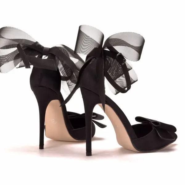 Schöne Schwarz Ball Sandalen Damen 2021 Knöchelriemen Schleife 11 cm Stilettos Spitzschuh Sandaletten Hochhackige