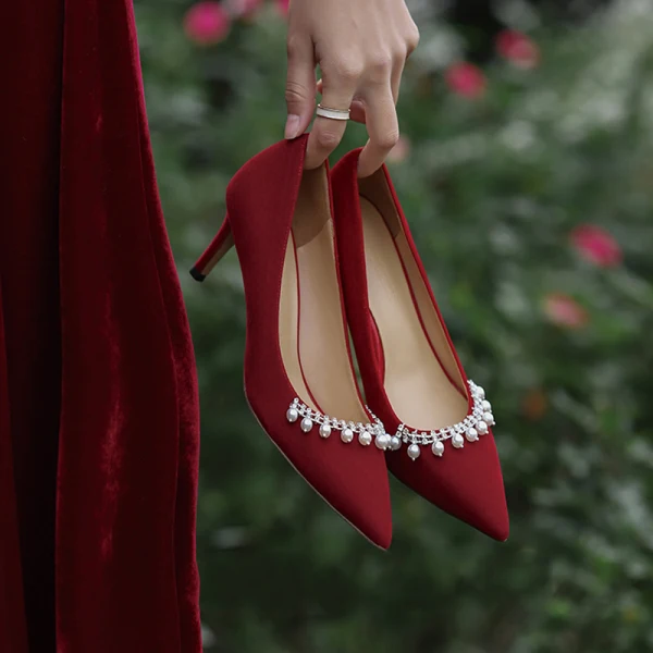 Elegant Red Pearl Rhinestone Wedding Shoes 2021 7 cm Stiletto Heels Pointed Toe Wedding Pumps High Heels