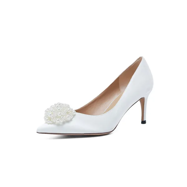 Elegant White Pearl Wedding Shoes 2021 7 cm Stiletto Heels Pointed Toe Wedding Pumps High Heels