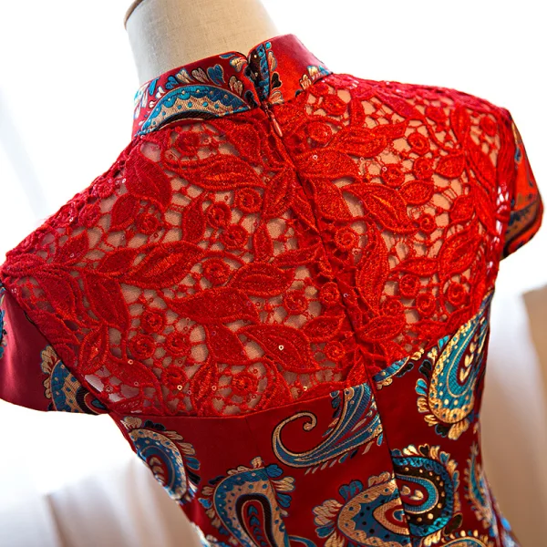 Chinese style Red Evening Dresses 2018 Trumpet / Mermaid Lace Embroidered Sequins Flower High Neck Short Sleeve Floor-Length / Long Formal Dresses