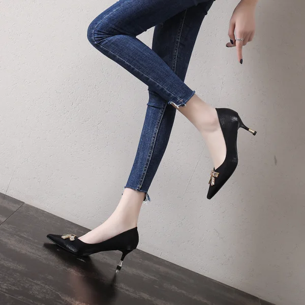 Charming Red Evening Party Suede Rhinestone Bow Pumps 2021 6 cm Stiletto Heels Pointed Toe Pumps High Heels