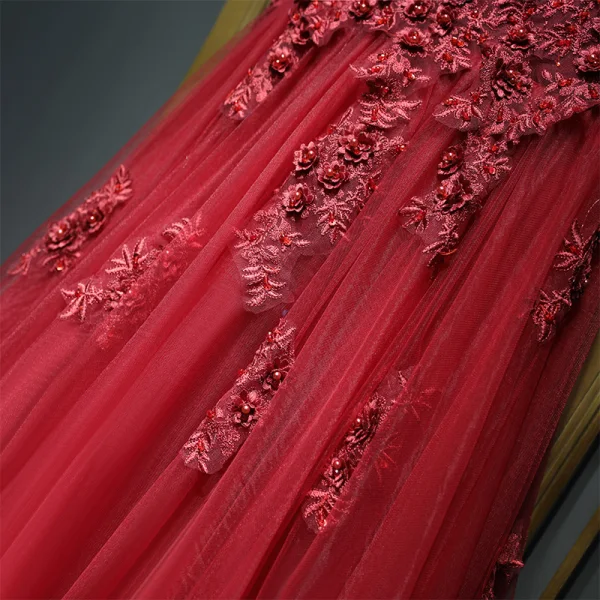 Chic / Belle Rouge Robe De Ceremonie Robe De Soirée 2017 Dentelle Fleur Perle Encolure Dégagée Manches Courtes Courte Princesse