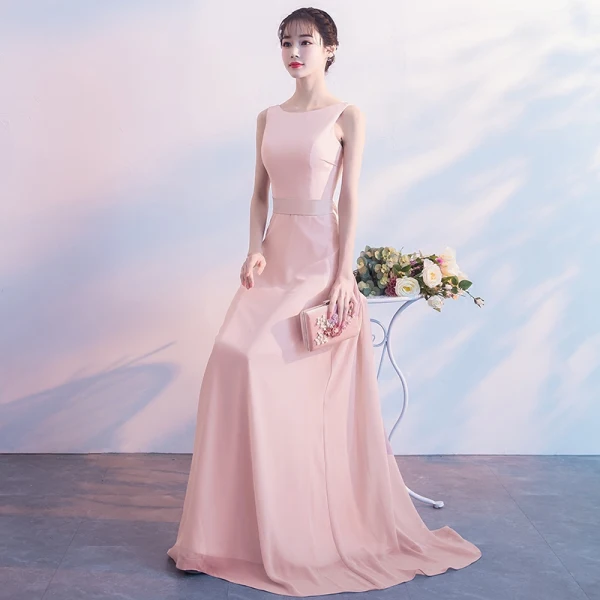 Modest / Simple Pearl Pink Bridesmaid Dresses 2018 A-Line / Princess Bow Scoop Neck Backless Sleeveless Sweep Train Wedding Party Dresses