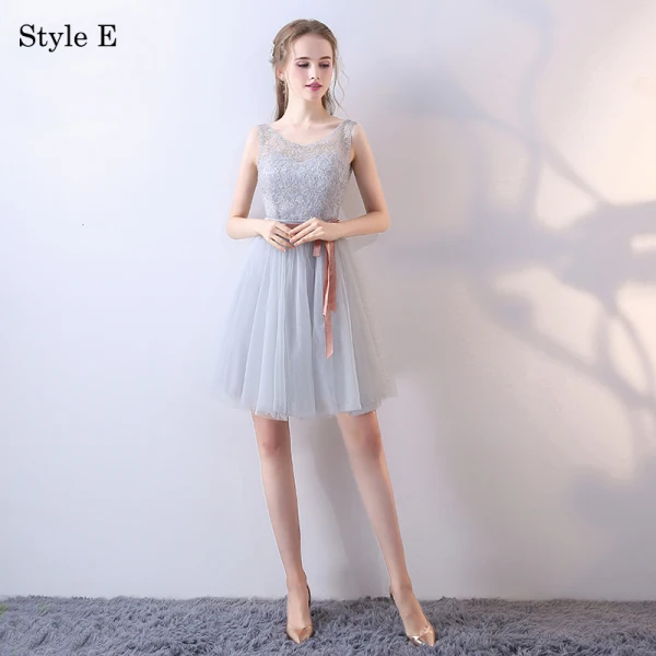 Chic / Beautiful Grey Bridesmaid Dresses 2018 A-Line / Princess Bow Sleeveless Backless Short Wedding Party Dresses