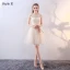Chic / Beautiful Champagne Bridesmaid Dresses 2018 A-Line / Princess Bow Lace Sleeveless Backless Short Wedding Party Dresses
