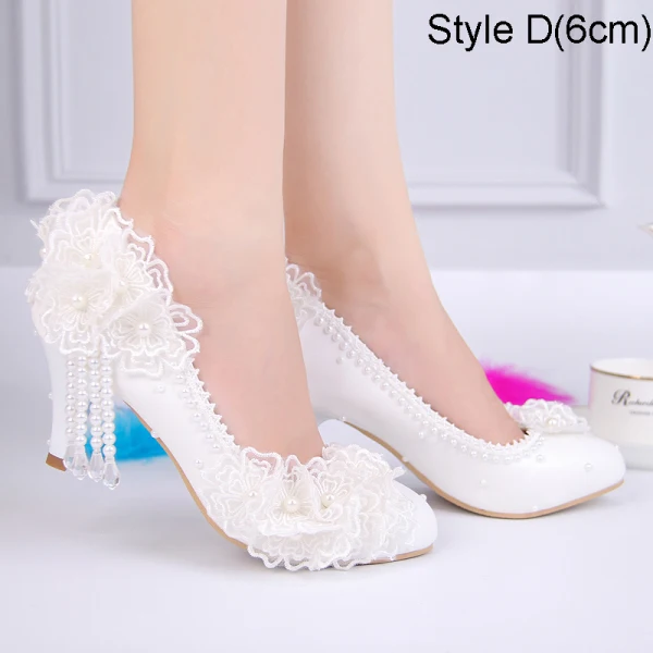Charming Ivory Lace Flower Wedding Shoes 2021 Waterproof Pearl Tassel 15 cm Stiletto Heels Round Toe Wedding Pumps High Heels