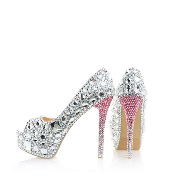 Scintillantes Argenté Faux Diamant Chaussure De Mariée 2021 14 cm Talons Aiguilles Peep Toes / Bout Ouvert Mariage Talons Hauts