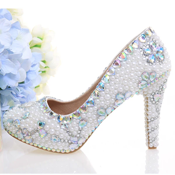 Fashion White Pearl Rhinestone Wedding Shoes 2021 Leather 14 cm Stiletto Heels High Heels Pointed Toe Wedding Pumps