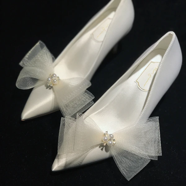 Classic Ivory Tulle Bow Pearl Wedding Shoes 2021 Leather 8 cm Stiletto Heels Pointed Toe Wedding Pumps High Heels