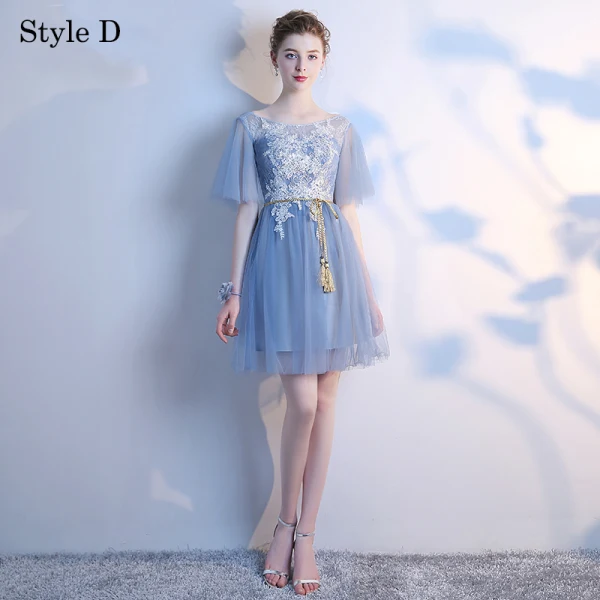 Chic / Beautiful Summer Sky Blue Bridesmaid Dresses 2018 A-Line / Princess Appliques Lace Bow Backless Short Wedding Party Dresses