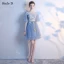 Chic / Beautiful Summer Sky Blue Bridesmaid Dresses 2018 A-Line / Princess Appliques Lace Bow Backless Short Wedding Party Dresses