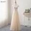 Chic / Beautiful Champagne Bridesmaid Dresses 2018 A-Line / Princess Appliques Bow Lace Backless Floor-Length / Long Wedding Party Dresses