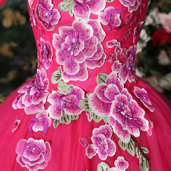 Traditionnel Fushia Robe De Bal 2018 Robe Boule Cristal Perle Brodé Col Haut Dos Nu Manches Longues Train De Balayage Robe De Ceremonie