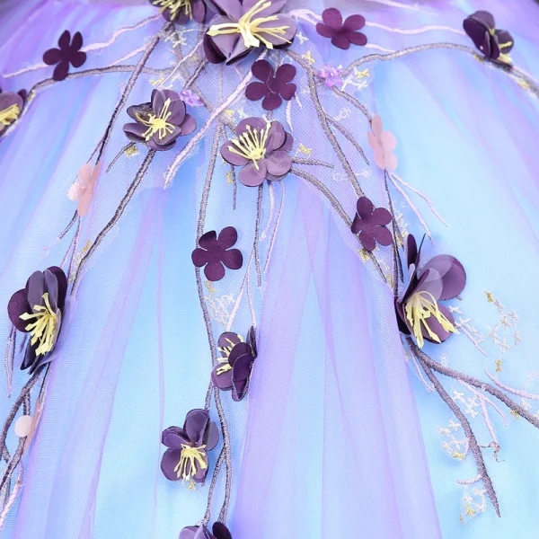 Vintage / Retro Quinceañera Lavender Prom Dresses 2018 Ball Gown Appliques Lace V-Neck Backless Sleeveless Floor-Length / Long Formal Dresses