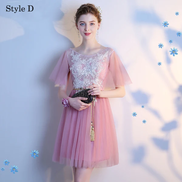 Chic / Beautiful Blushing Pink Bridesmaid Dresses 2018 A-Line / Princess Appliques Lace Bow Backless Short Wedding Party Dresses