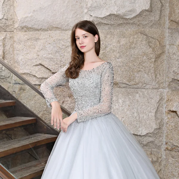 Sparkly Grey Prom Dresses 2018 Ball Gown Beading Sequins Scoop Neck Long Sleeve Backless Floor-Length / Long Formal Dresses