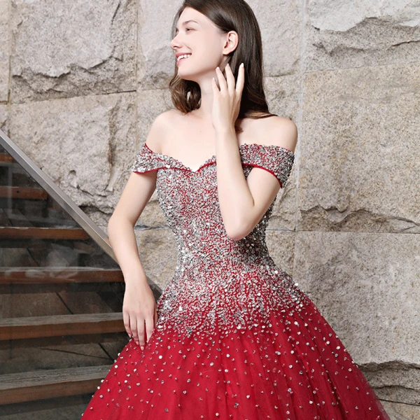 Sparkly Burgundy Prom Dresses 2018 Ball Gown Beading Rhinestone Sequins Off-The-Shoulder Backless Sleeveless Floor-Length / Long Formal Dresses