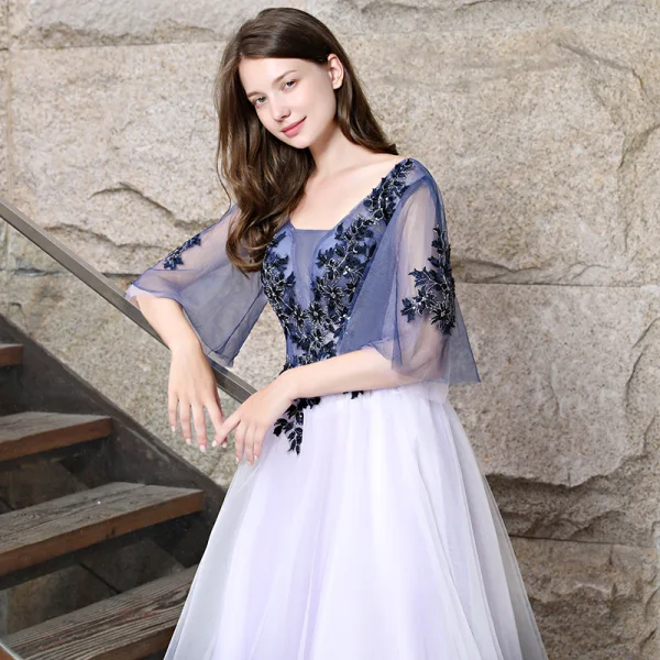 Chic / Beautiful Navy Blue Evening Dresses  2018 A-Line / Princess Appliques Lace Sequins Square Neckline Backless 3/4 Sleeve Floor-Length / Long Formal Dresses