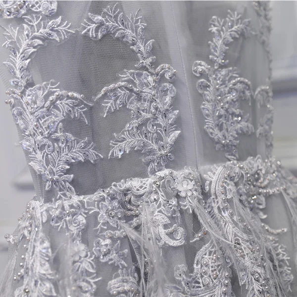 Modest / Simple Silver Wedding Party Dresses Bridesmaid Dresses 2017 Lace Flower Sequins Pearl Scoop Neck Sleeveless Short A-Line / Princess