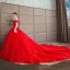 Modern / Fashion Red Wedding Dresses 2018 Ball Gown Beading Lace Sequins Off-The-Shoulder Backless Short Sleeve Royal Train Wedding