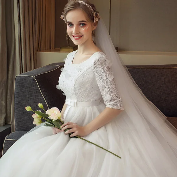 Chic / Belle Noire Robe De Mariée 2018 Princesse Noeud Dentelle Paillettes Encolure Dégagée 1/2 Manches Longue Mariage