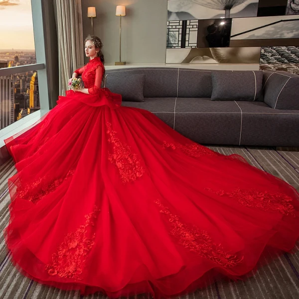 Wedding Dresses Red Zipper Up Appliques Crystal Flower Lace Cathedral Train Lace Tulle High Neck Wedding Fall Spring Summer 3/4 Sleeve Chic / Beautiful Ball Gown 2018
