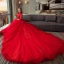 Wedding Dresses Red Zipper Up Appliques Crystal Flower Lace Cathedral Train Lace Tulle High Neck Wedding Fall Spring Summer 3/4 Sleeve Chic / Beautiful Ball Gown 2018