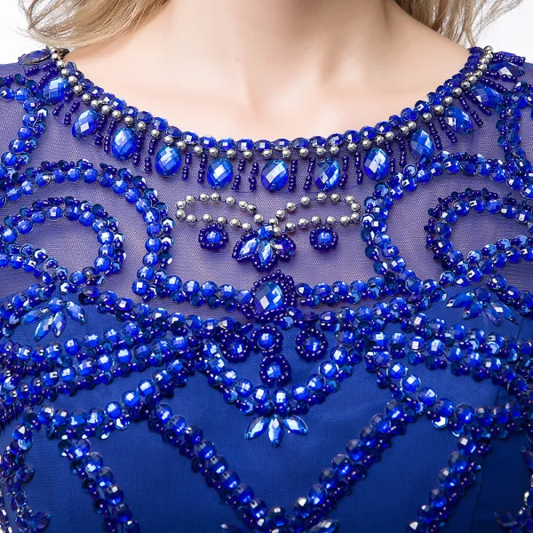 Modern / Fashion Royal Blue Chiffon See-through Evening Dresses 2018 A-Line / Princess Scoop Neck Sleeveless Pearl Rhinestone Beading Sweep Train Ruffle Formal Dresses