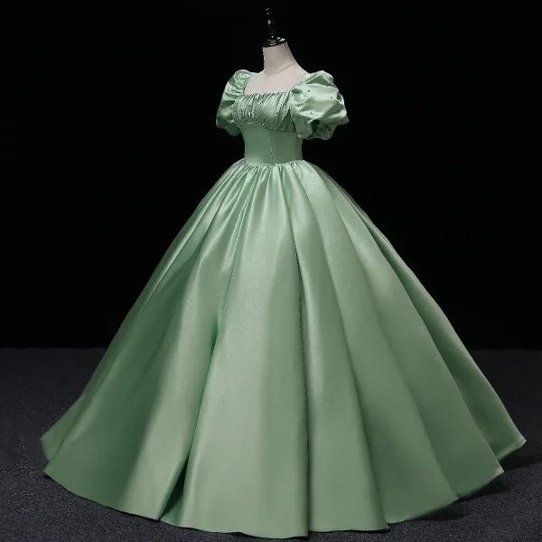 Elegant Sage Green Satin Prom Dresses 2022 Square Neckline Puffy Short Sleeve Bow Backless Floor-Length / Long Formal Dresses Prom