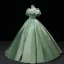 Elegant Sage Green Satin Prom Dresses 2022 Square Neckline Puffy Short Sleeve Bow Backless Floor-Length / Long Formal Dresses Prom