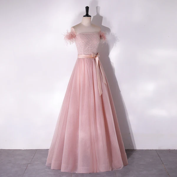 Charmant Rougissant Rose Perlage Gland Paillettes Robe De Bal 2024 Princesse Bustier Sans Manches Dos Nu Noeud Ceinture Longue Promo Robe De Ceremonie