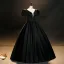 Elegant Black Satin Prom Dresses 2023 Ball Gown V-Neck Puffy Short Sleeve Backless Floor-Length / Long Prom Formal Dresses