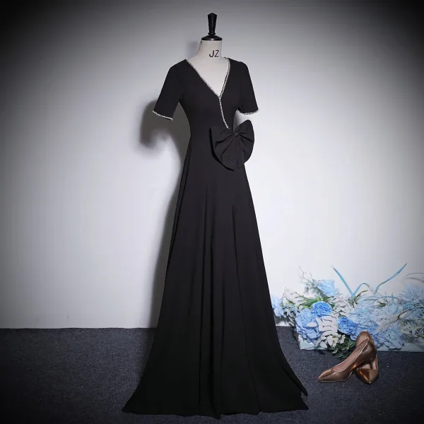 Elegant Black Rhinestone Bow Prom Dresses 2023 Zipper Up A-Line / Princess V-Neck Short Sleeve Floor-Length / Long Prom Formal Dresses