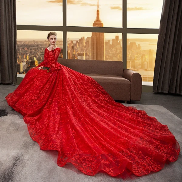 Schöne Rot Brautkleider 2018 Ballkleid Star Rundhalsausschnitt Lange Ärmel Rückenfreies Kathedrale Schleppe Hochzeit