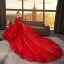 Schöne Rot Brautkleider 2018 Ballkleid Star Rundhalsausschnitt Lange Ärmel Rückenfreies Kathedrale Schleppe Hochzeit