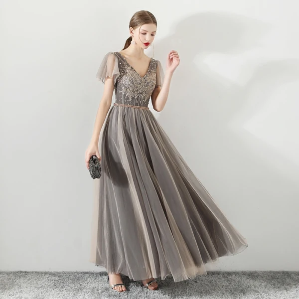 Modern / Fashion Champagne Black Prom Dresses 2018 A-Line / Princess Sequins Lace Flower V-Neck Short Sleeve Backless Ankle Length Formal Dresses