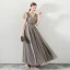 Modern / Fashion Champagne Black Prom Dresses 2018 A-Line / Princess Sequins Lace Flower V-Neck Short Sleeve Backless Ankle Length Formal Dresses