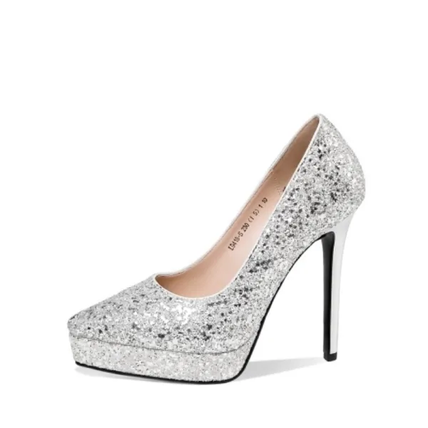 Glittrande Silver Afton Paljetter Pumps 2021 Läder 12 cm Högklackade Stilettklackar Spetsiga Pumps