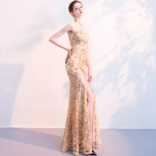 Chinese style Champagne Evening Dresses 2018 Trumpet / Mermaid Sequins Rhinestone High Neck Sleeveless Floor-Length / Long Formal Dresses