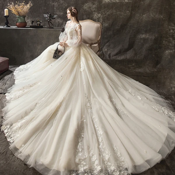 Charming Champagne Wedding Dresses 2018 A-Line / Princess Lace Flower Appliques Pearl Scoop Neck Long Sleeve Backless Cathedral Train Wedding
