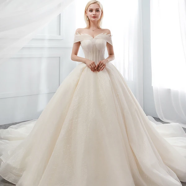 Sparkly Ivory Wedding Dresses 2018 Ball Gown Off-The-Shoulder Backless Sleeveless Cathedral Train Wedding