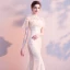 Chinese style Champagne Evening Dresses  2018 Trumpet / Mermaid Lace Flower Beading High Neck Backless Short Sleeve Floor-Length / Long Formal Dresses