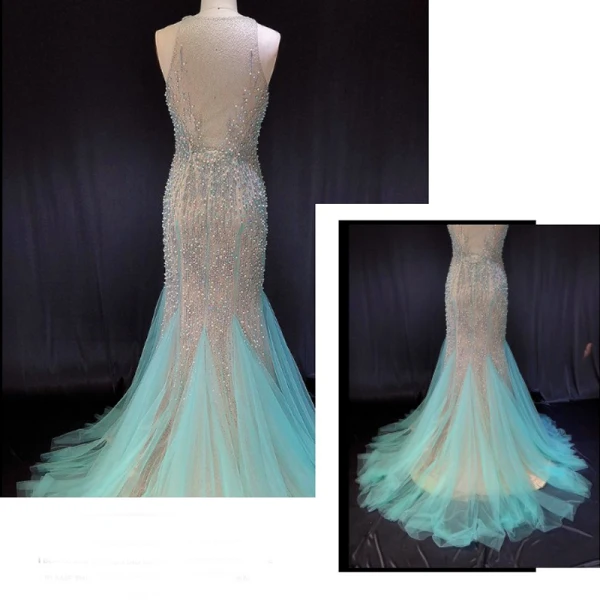 Chic / Belle Gris Robe De Soirée 2018 Trompette / Sirène Fendue devant Fait main Perlage Perle Faux Diamant Encolure Dégagée Sans Manches Train De Balayage Robe De Ceremonie