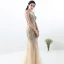 Chic / Belle Champagne Robe De Soirée 2018 Trompette / Sirène Dentelle Fait main Perlage Cristal Paillettes Encolure Dégagée Sans Manches Longue Robe De Ceremonie