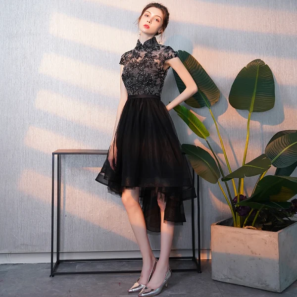 Elegant Black Cocktail Dresses 2018 A-Line / Princess Asymmetrical  Rhinestone Embroidered High Neck Cap Sleeves Formal