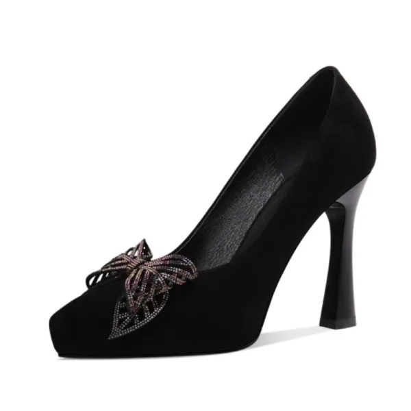 Chic / Beautiful Black Prom Pumps 2021 Leather Rhinestone Bow 10 cm Stiletto Heels Pointed Toe Pumps High Heels