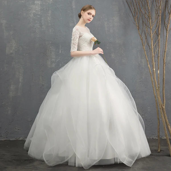 Elegant Ivory Wedding Dresses 2018 Ball Gown Cascading Ruffles Lace Flower Scoop Neck 1/2 Sleeves Floor-Length / Long Wedding